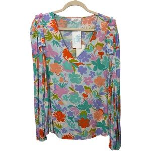 Emily Wonder Floral Blue and Orange V Neck‎ Long Sleeve Blouse Flowers Tropical